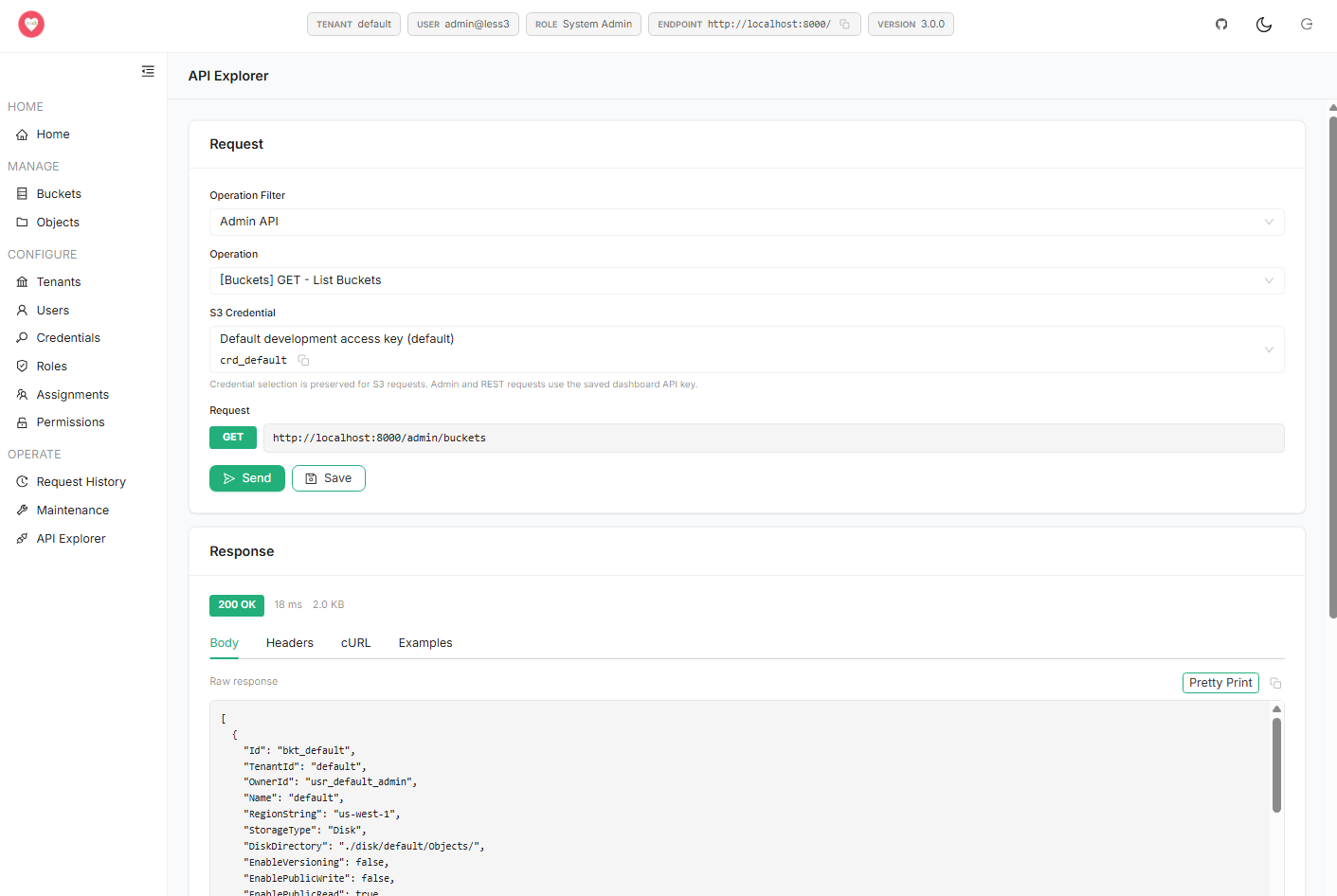 Less3 API Explorer showing an admin list buckets request and a structured JSON response.