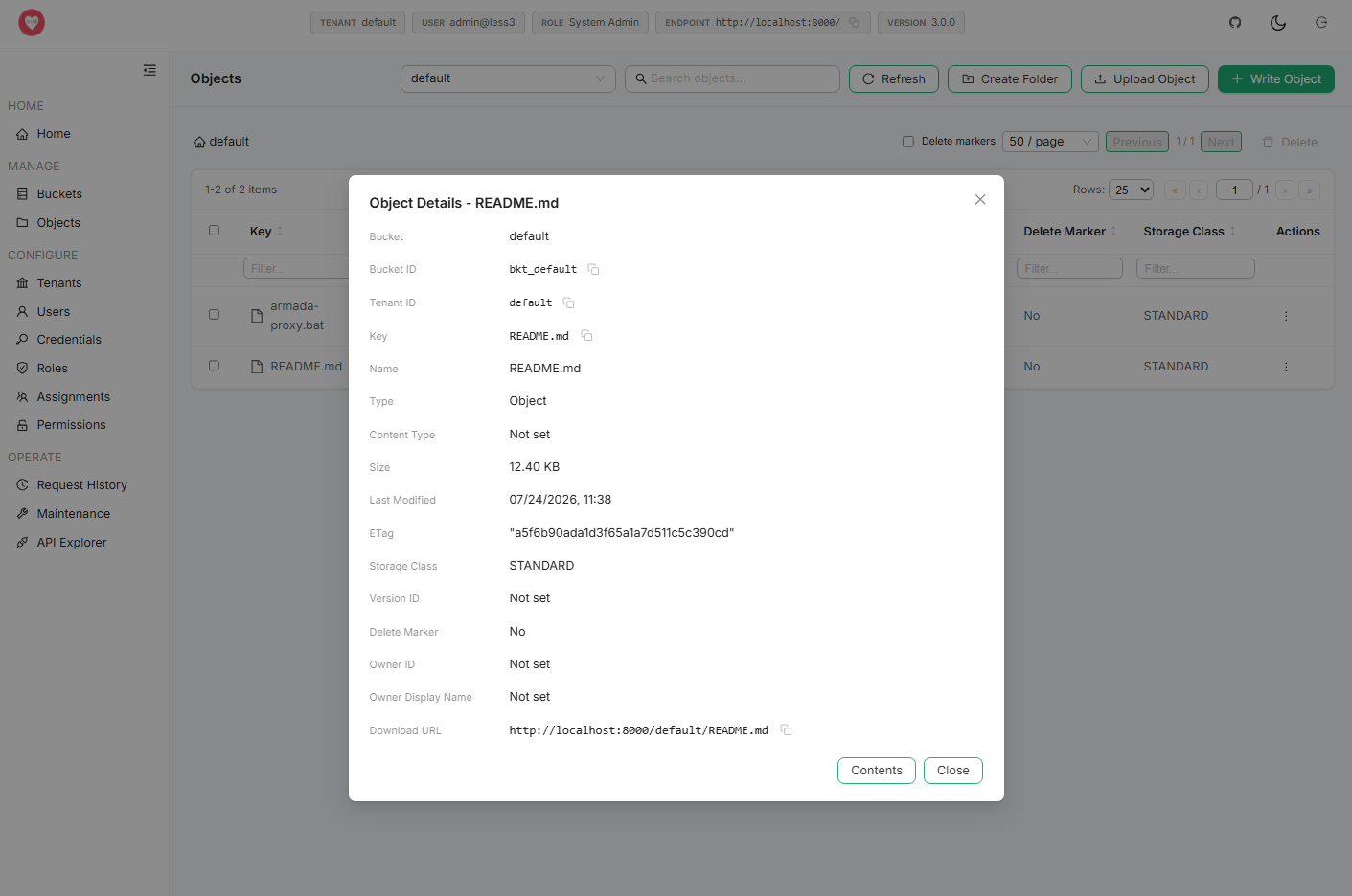 Less3 object detail dialog showing bucket, key, ETag, storage class, and download URL metadata.